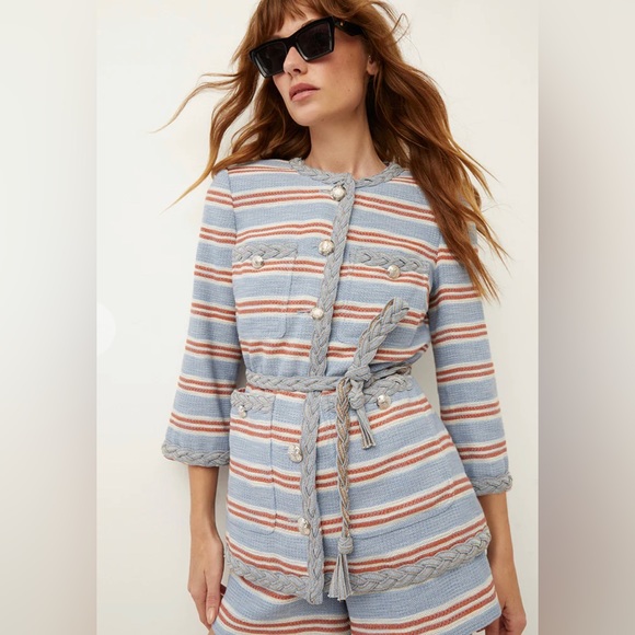 NEW Veronica Beard Striped Ginerva Belt Jacket Button Blazer, Blue/Red/White - Picture 4 of 15